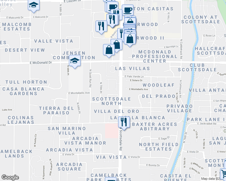 map of restaurants, bars, coffee shops, grocery stores, and more near 5734 North Scottsdale Road in Paradise Valley