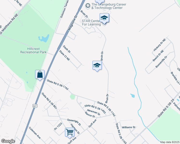 map of restaurants, bars, coffee shops, grocery stores, and more near 601 Bruin Drive in Orangeburg
