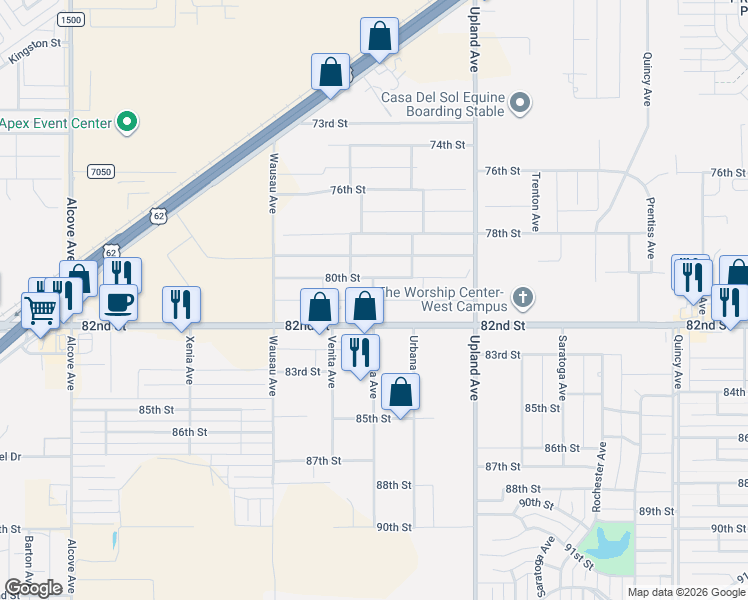 map of restaurants, bars, coffee shops, grocery stores, and more near Venita Avenue in Lubbock