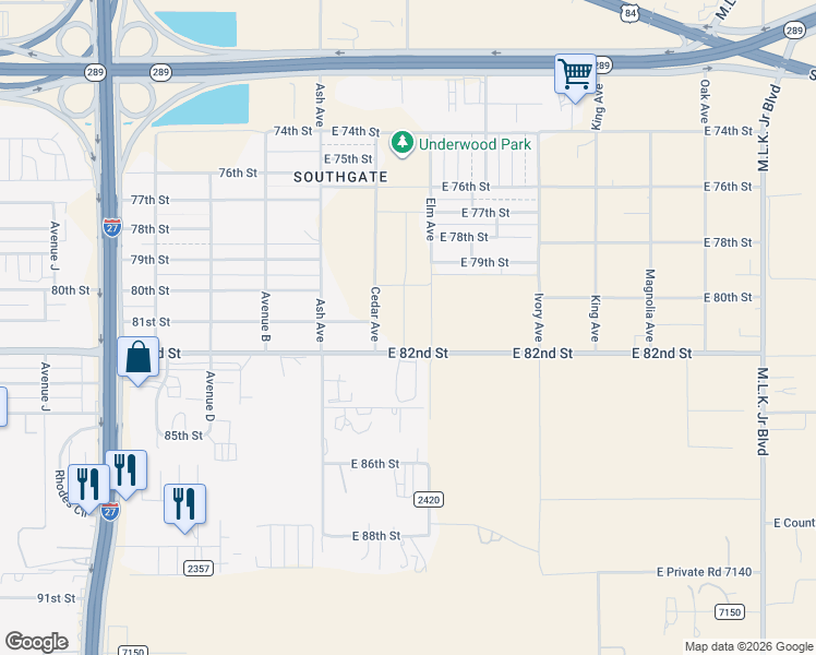map of restaurants, bars, coffee shops, grocery stores, and more near 399-421 East 82nd Street in Lubbock