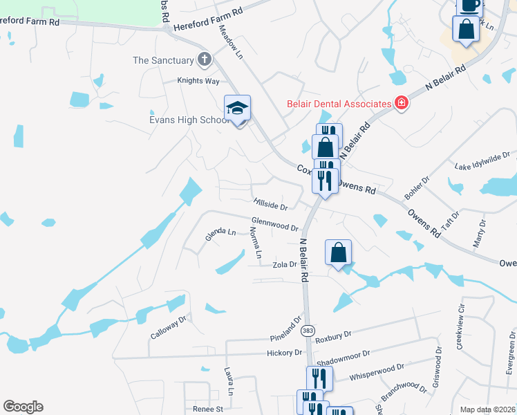 map of restaurants, bars, coffee shops, grocery stores, and more near 4538 Hillside Dr in Evans