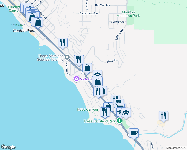 map of restaurants, bars, coffee shops, grocery stores, and more near 2961 Rounsevel Terrace in Laguna Beach
