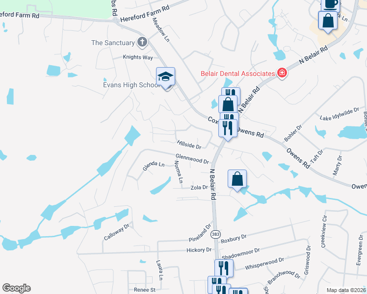map of restaurants, bars, coffee shops, grocery stores, and more near 4538 Hillside Drive in Evans