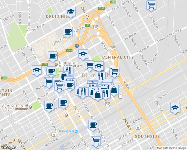 map of restaurants, bars, coffee shops, grocery stores, and more near 2304 5th Ave N in Birmingham
