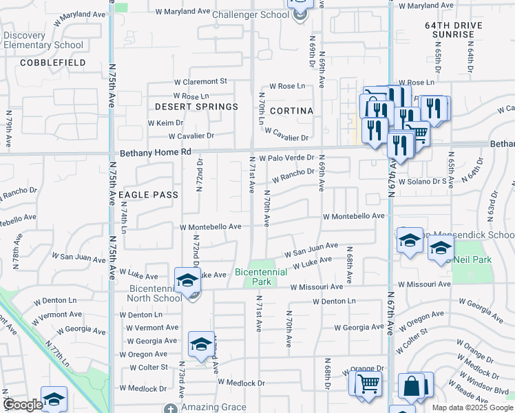 map of restaurants, bars, coffee shops, grocery stores, and more near 5721 North 71st Drive in Glendale