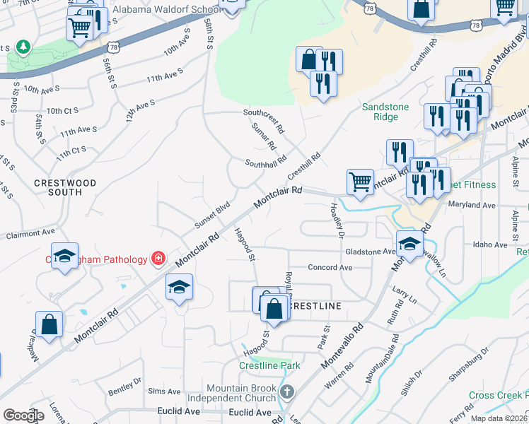 map of restaurants, bars, coffee shops, grocery stores, and more near 669 Bourbon Circle in Birmingham