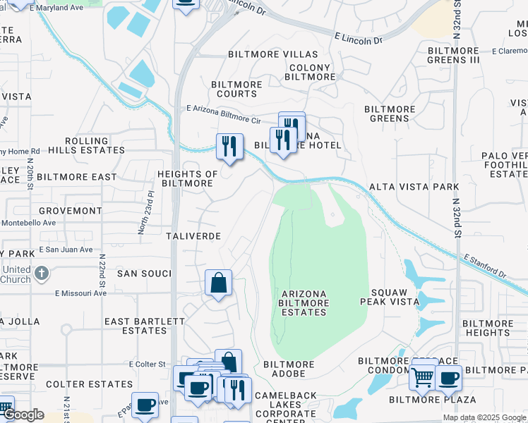 map of restaurants, bars, coffee shops, grocery stores, and more near 43 Biltmore Estates Drive in Phoenix