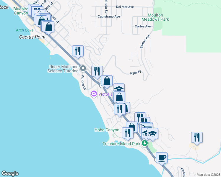 map of restaurants, bars, coffee shops, grocery stores, and more near 2979 Terry Road in Laguna Beach