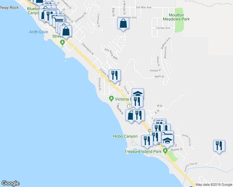 map of restaurants, bars, coffee shops, grocery stores, and more near 163 Dumond Drive in Laguna Beach
