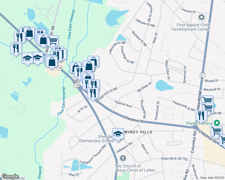 map of restaurants, bars, coffee shops, grocery stores, and more near 2300 Mall Terrace Court in Orangeburg