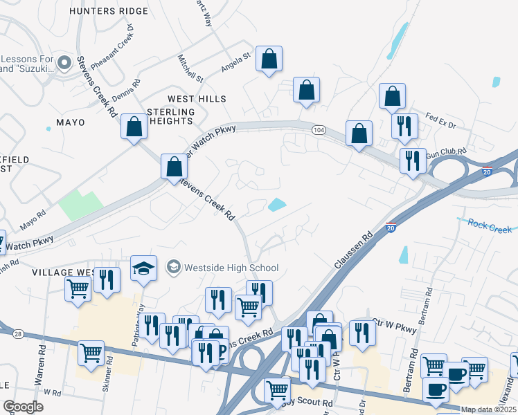 map of restaurants, bars, coffee shops, grocery stores, and more near 950 Stevens Creek Road in Augusta