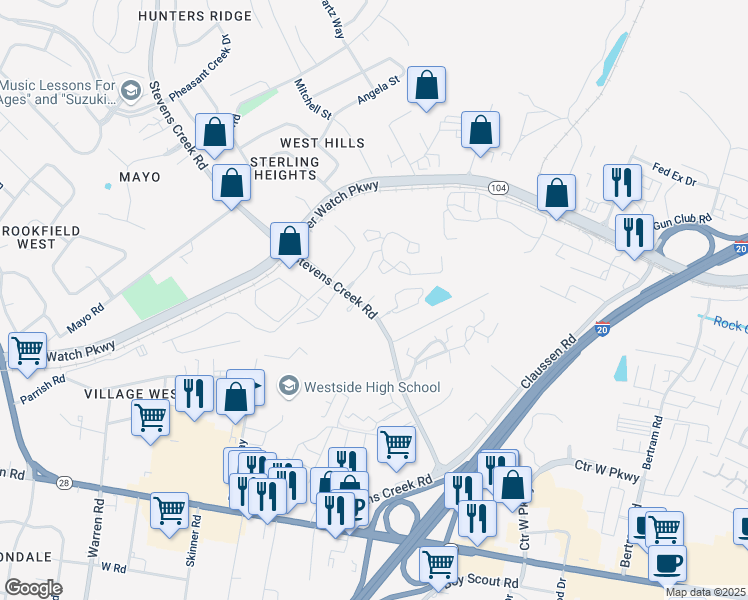 map of restaurants, bars, coffee shops, grocery stores, and more near 950 Stevens Creek Road in Augusta