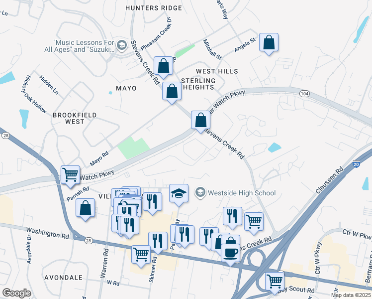 map of restaurants, bars, coffee shops, grocery stores, and more near 1405 Windsong Circle in Augusta