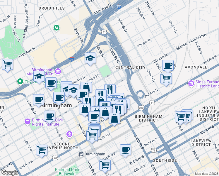 map of restaurants, bars, coffee shops, grocery stores, and more near 351 24th Street North in Birmingham