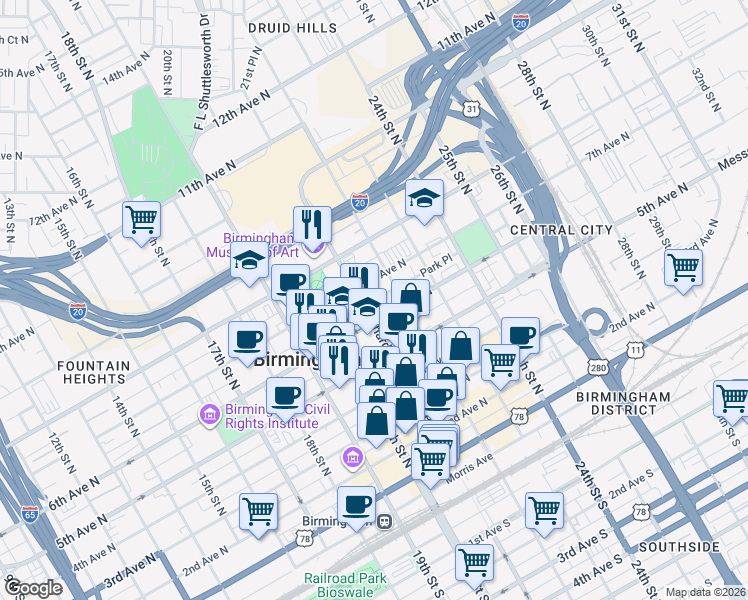 map of restaurants, bars, coffee shops, grocery stores, and more near 501 Richard Arrington Junior Boulevard North in Birmingham