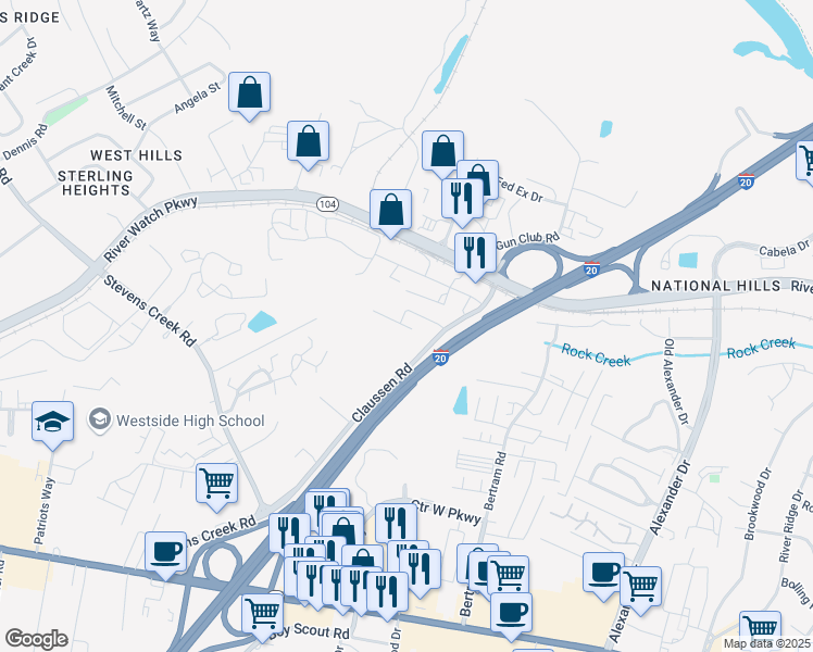 map of restaurants, bars, coffee shops, grocery stores, and more near 2298 River Park Court in Augusta