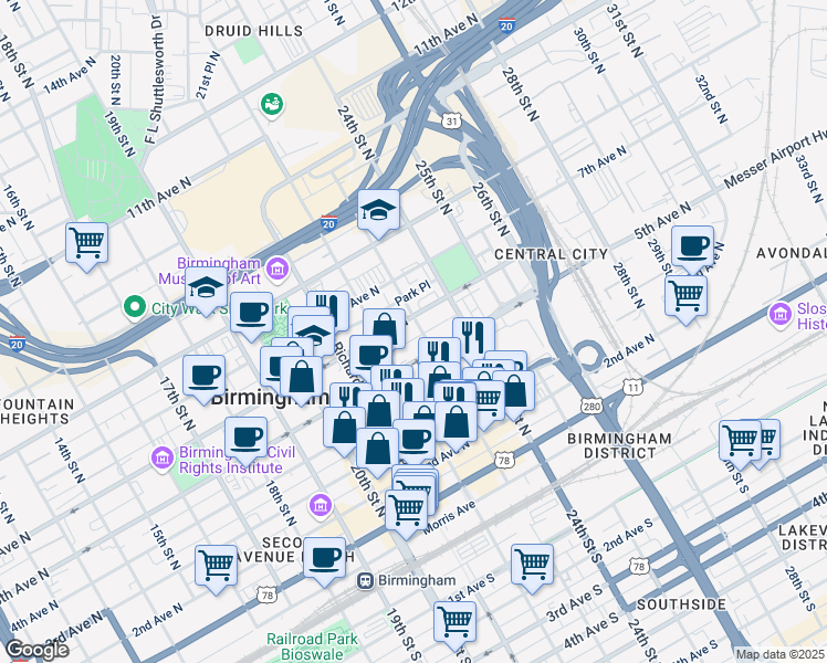 map of restaurants, bars, coffee shops, grocery stores, and more near 820 23rd Street South in Birmingham