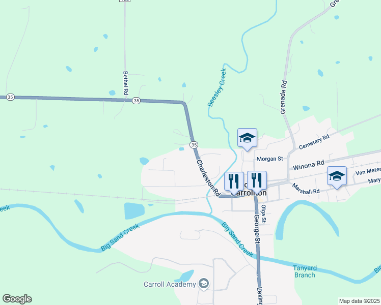 map of restaurants, bars, coffee shops, grocery stores, and more near 609 Charleston Road in North Carrollton