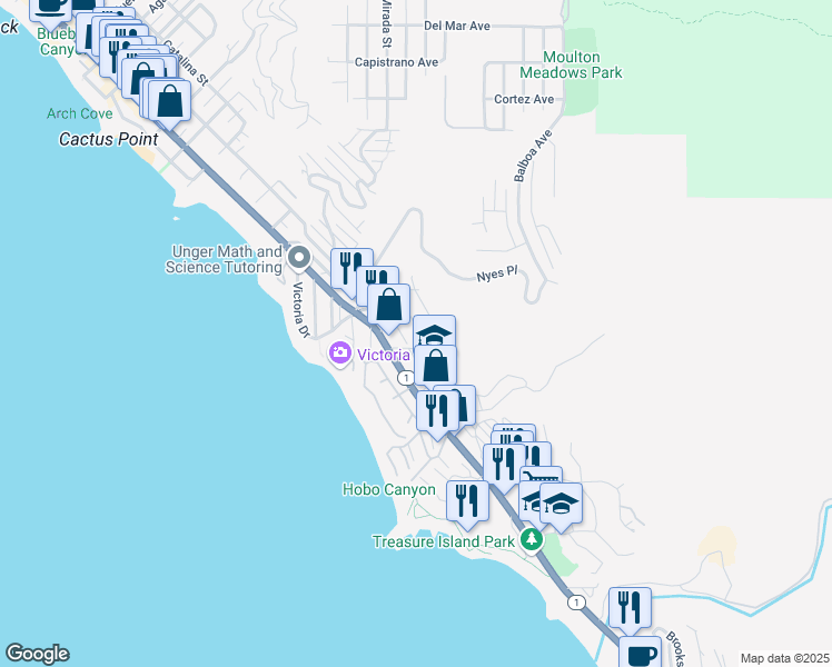 map of restaurants, bars, coffee shops, grocery stores, and more near 2961 Rounsevel Terrace in Laguna Beach