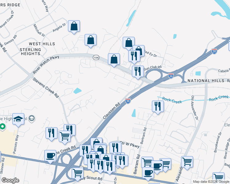 map of restaurants, bars, coffee shops, grocery stores, and more near 2202 River Park Court in Augusta