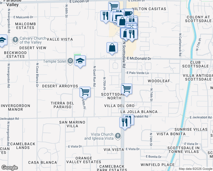 map of restaurants, bars, coffee shops, grocery stores, and more near 5801 North 70th Place in Paradise Valley