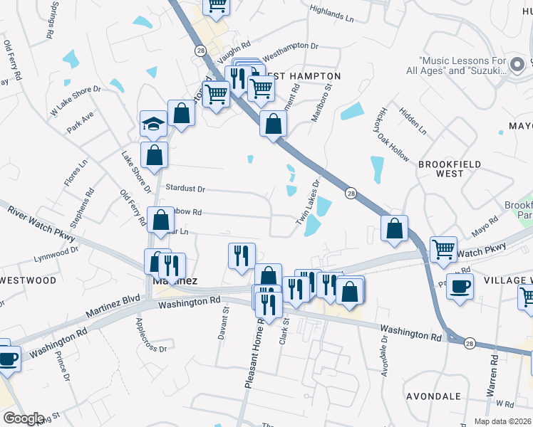 map of restaurants, bars, coffee shops, grocery stores, and more near 3414 Kemp Road in Martinez