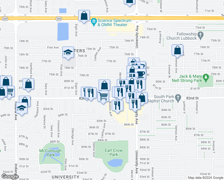 map of restaurants, bars, coffee shops, grocery stores, and more near 2612a 81st Street in Lubbock