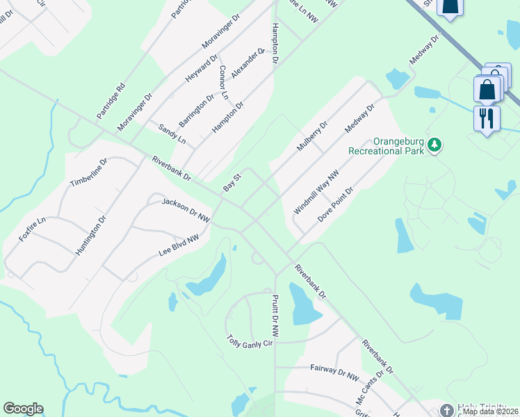 map of restaurants, bars, coffee shops, grocery stores, and more near 986 Medway Drive in Orangeburg