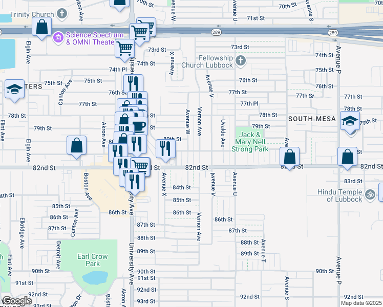map of restaurants, bars, coffee shops, grocery stores, and more near 8104 Vernon Ave in Lubbock
