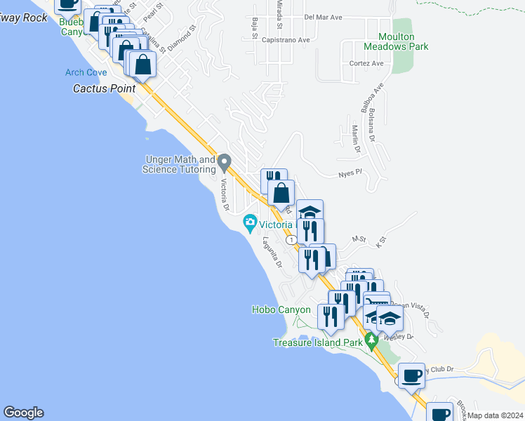 map of restaurants, bars, coffee shops, grocery stores, and more near 175 Dumond Drive in Laguna Beach