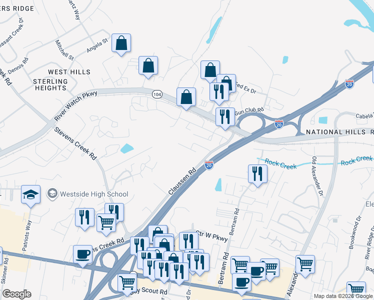 map of restaurants, bars, coffee shops, grocery stores, and more near 2202 River Park Court in Augusta
