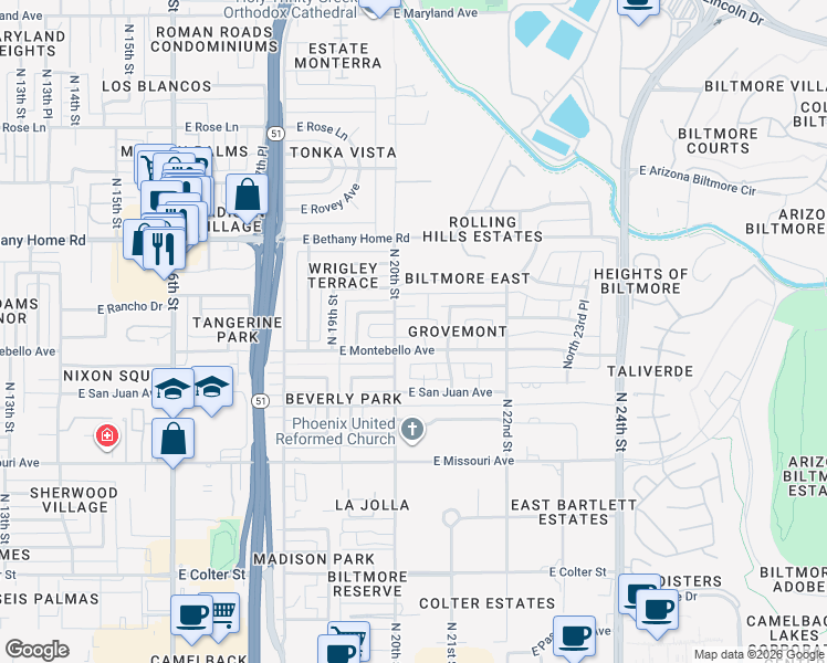 map of restaurants, bars, coffee shops, grocery stores, and more near 2020 East Montebello Avenue in Phoenix