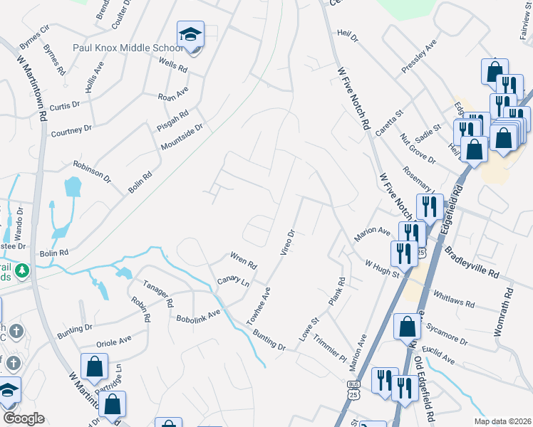 map of restaurants, bars, coffee shops, grocery stores, and more near 2212 Vireo Drive in North Augusta
