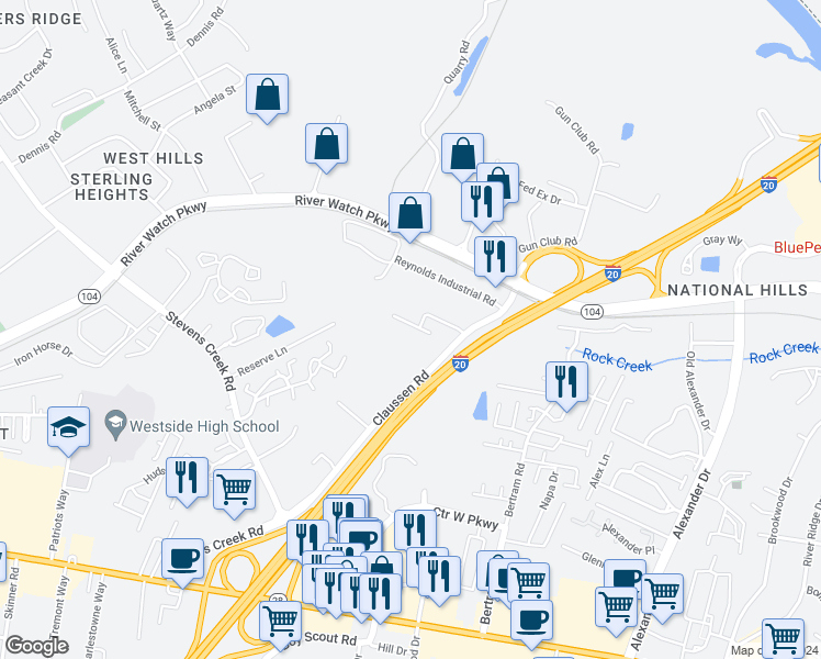 map of restaurants, bars, coffee shops, grocery stores, and more near 2190 River Park Court in Augusta