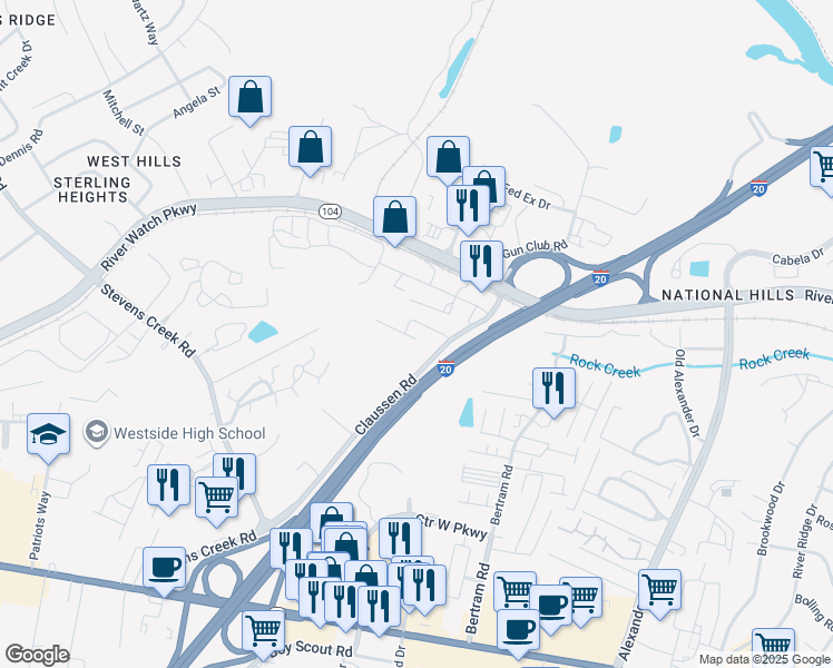 map of restaurants, bars, coffee shops, grocery stores, and more near 2213 River Park Court in Augusta