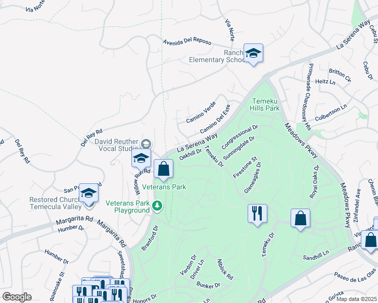 map of restaurants, bars, coffee shops, grocery stores, and more near 31016 Oakhill Drive in Temecula