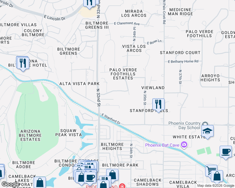 map of restaurants, bars, coffee shops, grocery stores, and more near 3253 East El Camino Sin Nombre in Paradise Valley