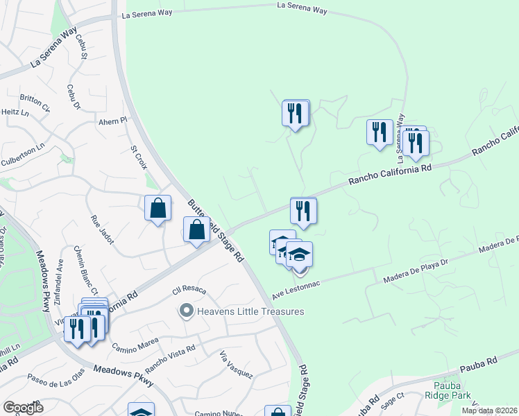 map of restaurants, bars, coffee shops, grocery stores, and more near 41309 Avenue Biona in Temecula