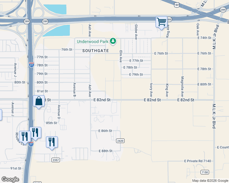 map of restaurants, bars, coffee shops, grocery stores, and more near 399-421 East 82nd Street in Lubbock