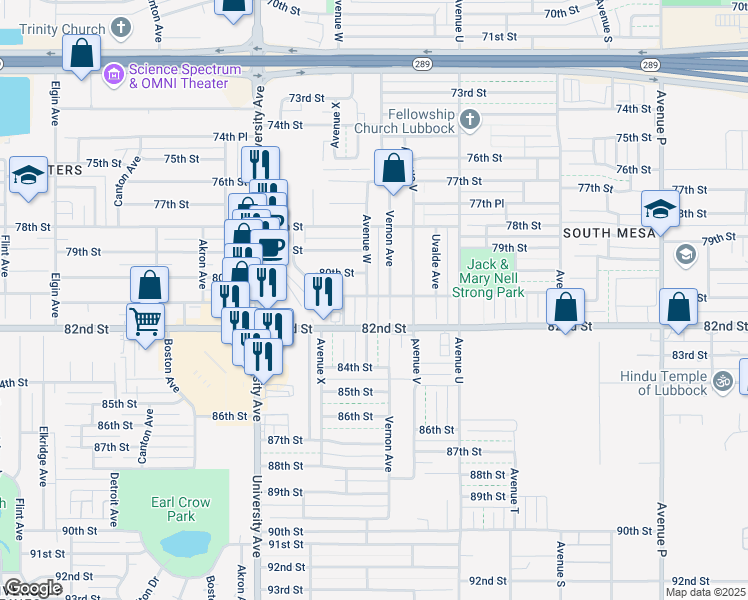 map of restaurants, bars, coffee shops, grocery stores, and more near 8104 Vernon Ave in Lubbock