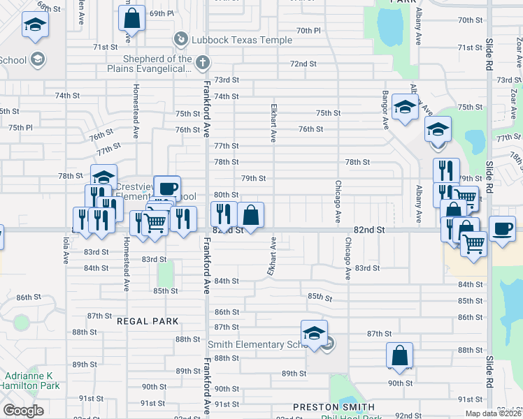 map of restaurants, bars, coffee shops, grocery stores, and more near 8010 Elmwood Avenue in Lubbock