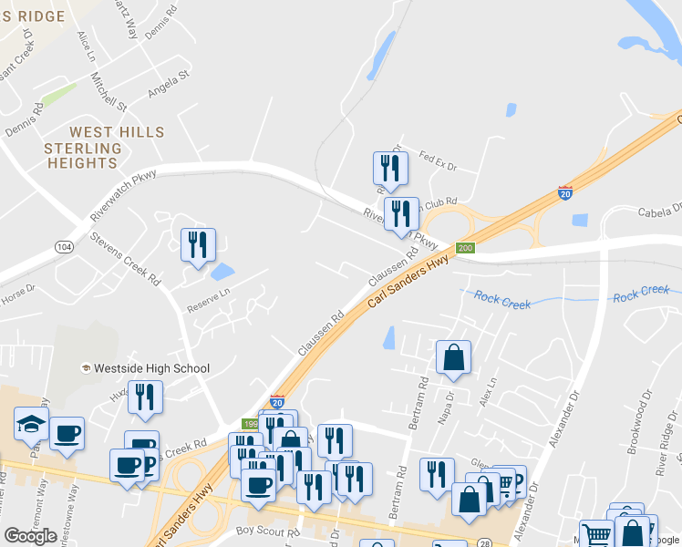 map of restaurants, bars, coffee shops, grocery stores, and more near 2203 River Park Court in Augusta