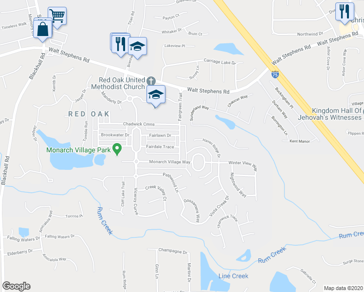 map of restaurants, bars, coffee shops, grocery stores, and more near 614 Fairgreen Trail in Stockbridge