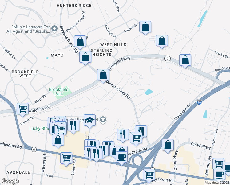 map of restaurants, bars, coffee shops, grocery stores, and more near 2116 Turtle Court in Augusta