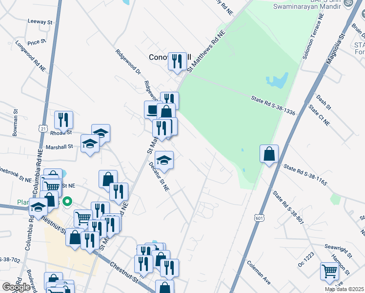 map of restaurants, bars, coffee shops, grocery stores, and more near 1222 Brickle Street in Orangeburg