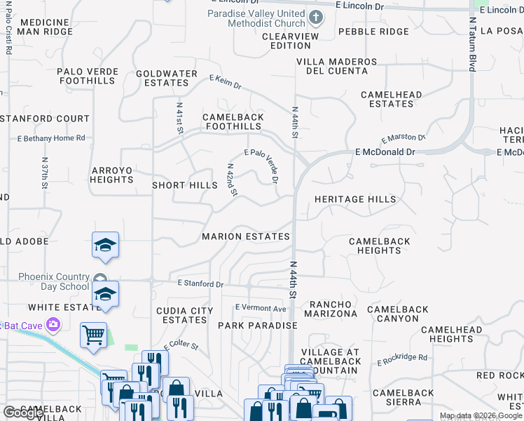 map of restaurants, bars, coffee shops, grocery stores, and more near 4319 East San Miguel Avenue in Phoenix