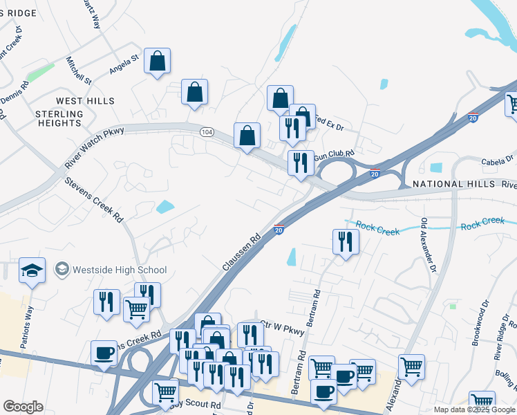 map of restaurants, bars, coffee shops, grocery stores, and more near 2202 River Park Court in Augusta