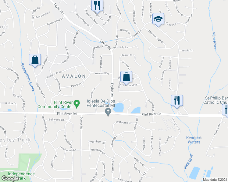 map of restaurants, bars, coffee shops, grocery stores, and more near 8586 Taylor Road in Riverdale
