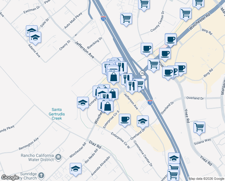 map of restaurants, bars, coffee shops, grocery stores, and more near 41593 Winchester Road in Temecula