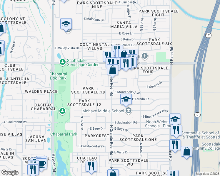 map of restaurants, bars, coffee shops, grocery stores, and more near 5801 North Granite Reef Road in Scottsdale